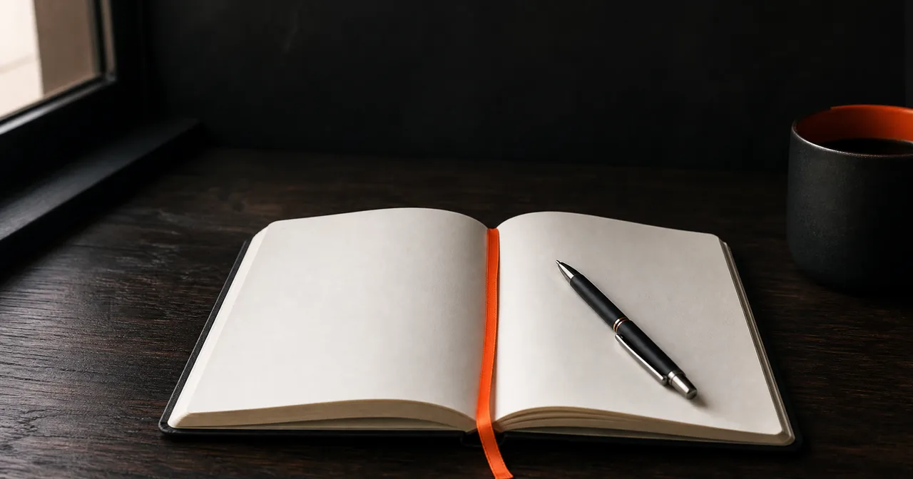 Quaderno aperto con una penna e un segnalibro arancione su un tavolo di legno scuro