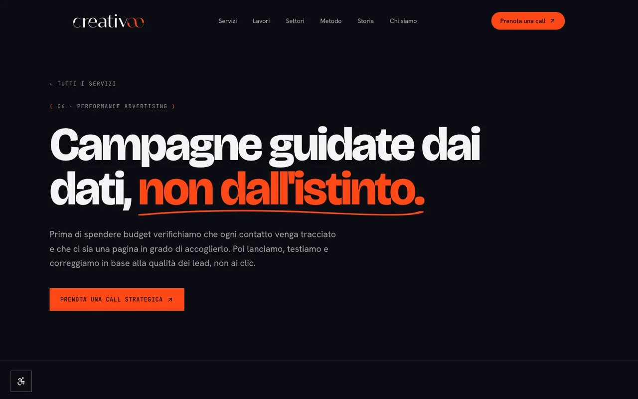 La pagina Performance advertising del sito Creativoo