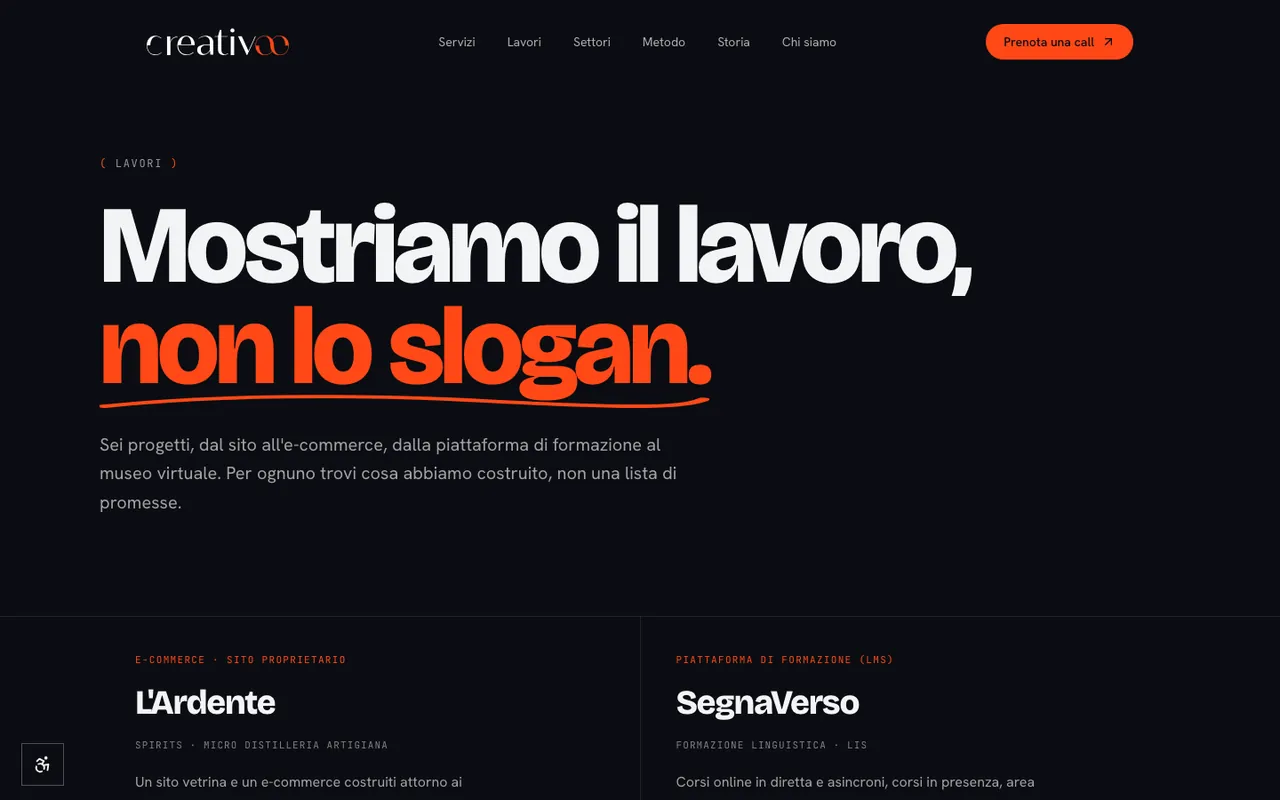 La pagina Lavori di Creativoo con i casi studio