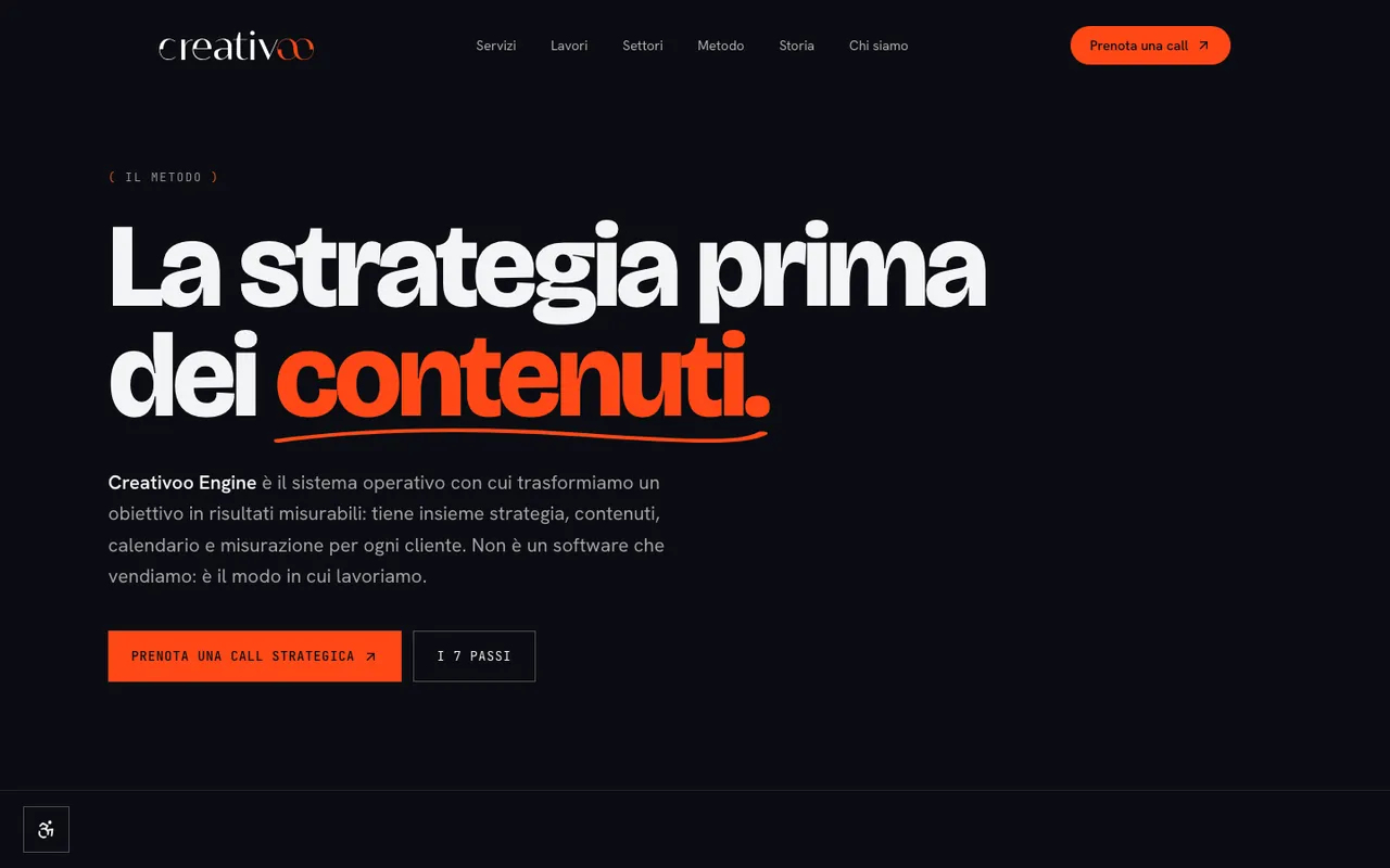 La pagina del metodo Creativoo Engine, con i sette passi dalla strategia al report