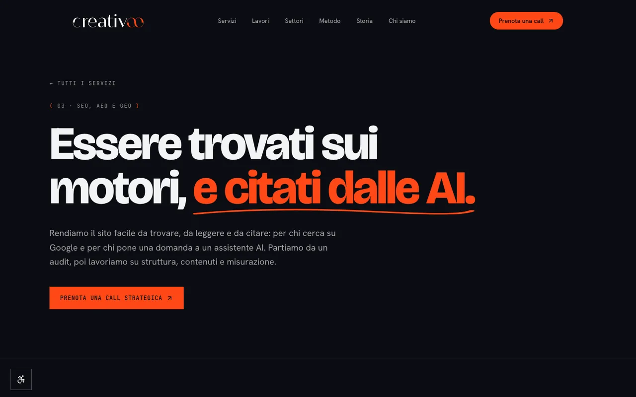 La pagina SEO, AEO e GEO del sito Creativoo