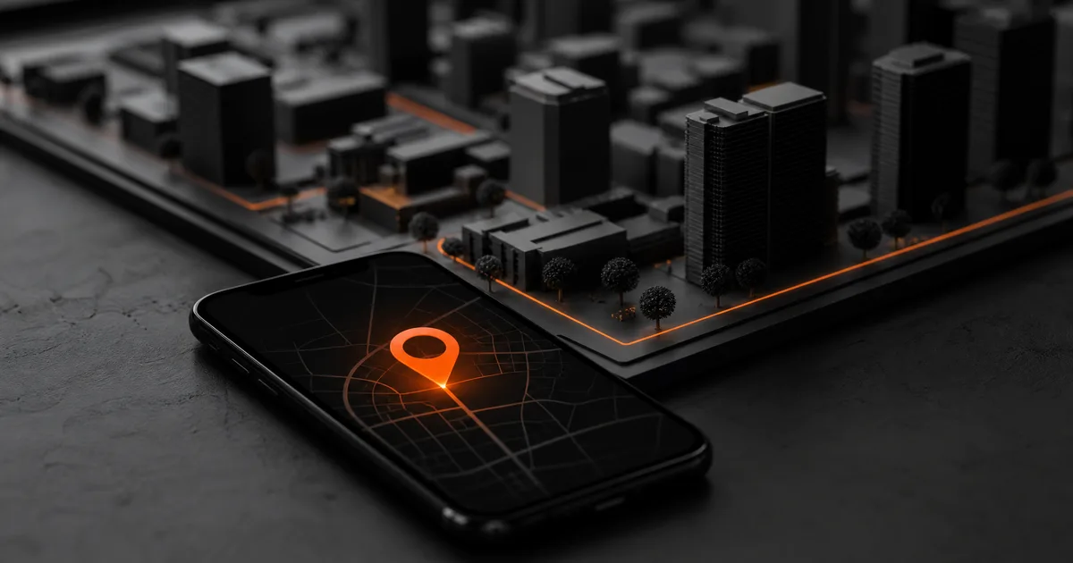 Smartphone su un tavolo scuro davanti al modellino di un isolato, con una spilla di mappa arancione sullo schermo. Immagine illustrativa creata con AI.