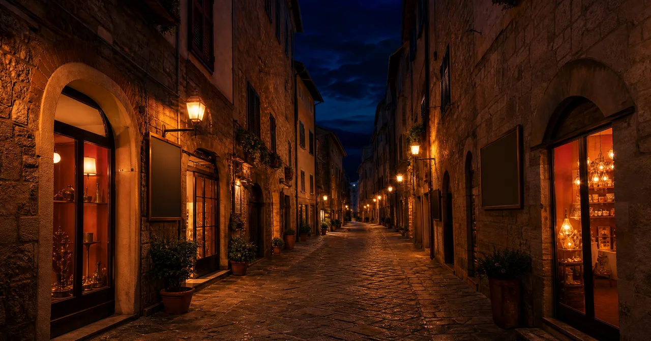 Via acciottolata di una città storica italiana al tramonto, con le luci calde delle vetrine