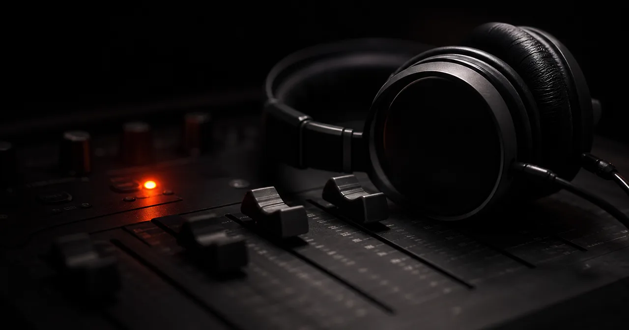 Mixer audio con fader e cuffie su un tavolo in una sala buia con un led arancione