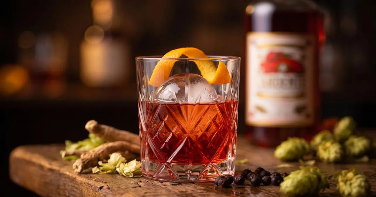 Un cocktail con scorza d'arancia accanto a una bottiglia L'Ardente