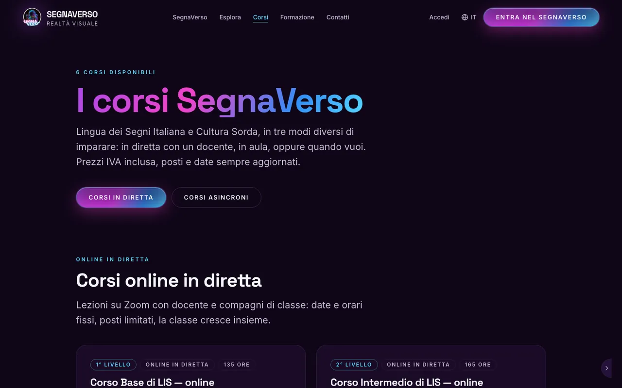 Pagina dei corsi di SegnaVerso con i corsi in diretta