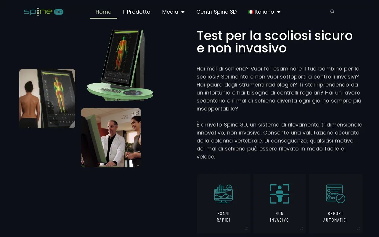 Sezione «Test per la scoliosi sicuro e non invasivo» con le immagini del dispositivo