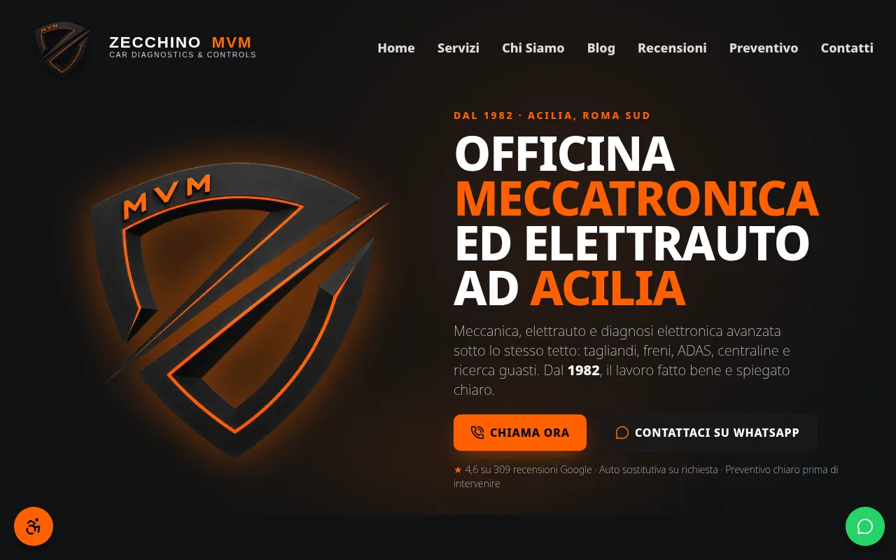 Home di Zecchino MVM: «Officina meccatronica ed elettrauto ad Acilia» con il logo luminoso