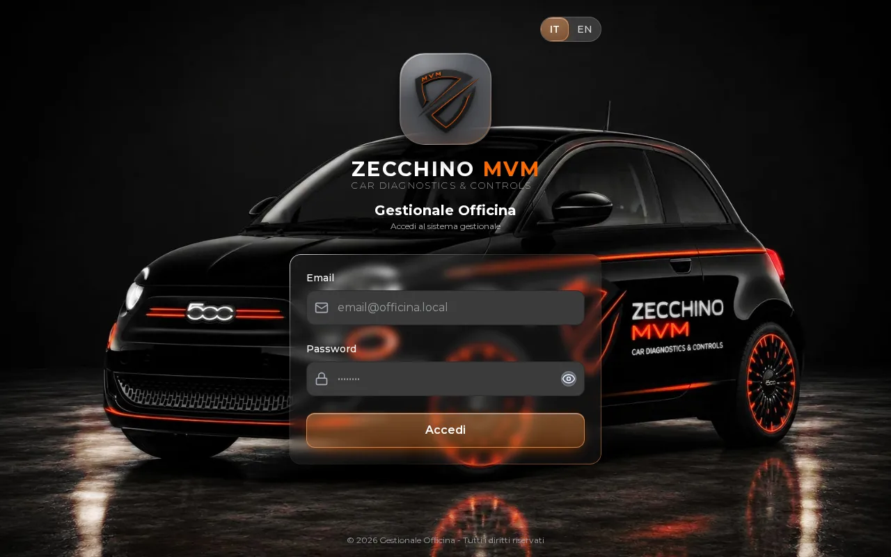Pagina di accesso al gestionale dell'officina Zecchino MVM con l'auto aziendale brandizzata
